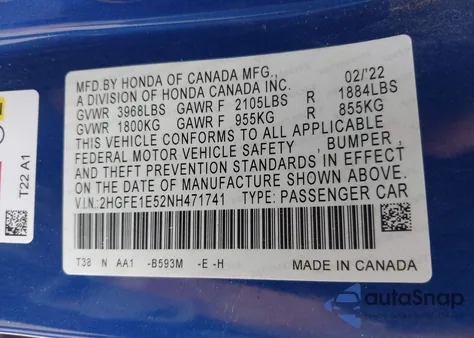2022 Honda Civic Si Sedan from USA, damaged, VIN 2HGFE1E52NH471741